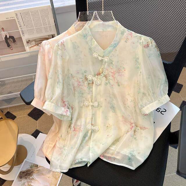 Loose large size fat mm300Jin [Jin equals 0.5 kg] New Chinese floral shirt for women in summer stand-alone neckline button-down shirt puff short-sleeved shirt
