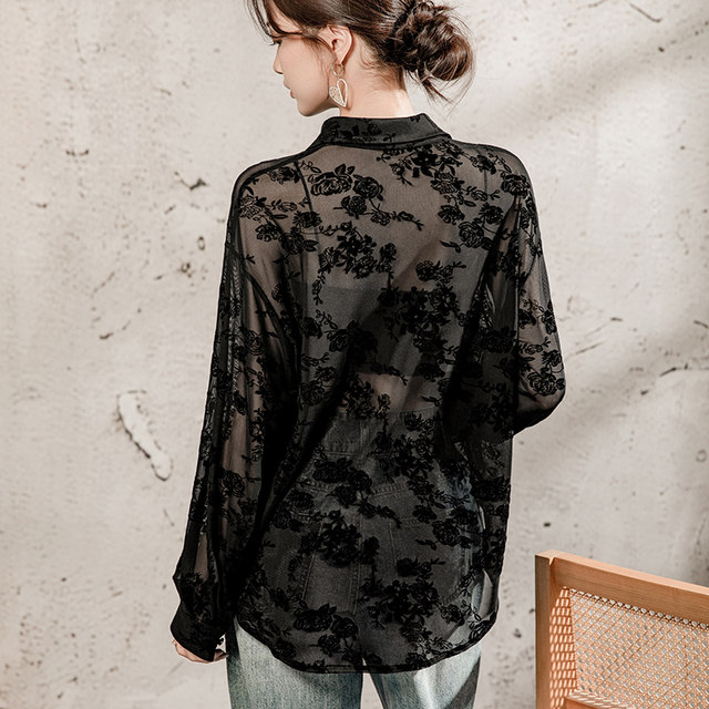 2025 spring and summer new black flocking mesh shirt for women mid-length sun protection women long-sleeved casual top