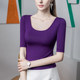 2025 summer new big round neck base shirt for women slim five-point sleeve modal women's solid color mid-sleeved top