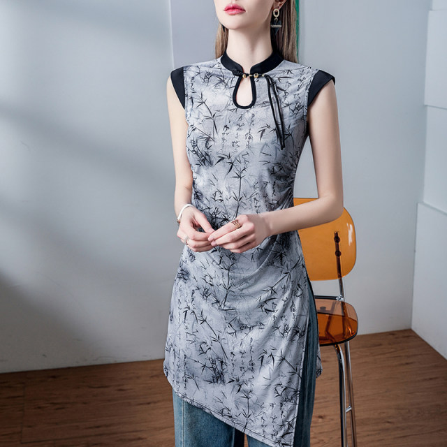 Stand-up collar button mid-length mesh top for women's printing new Chinese style 2025 summer new sleeveless slit shirt