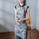 Stand-up collar button mid-length mesh top for women's printing new Chinese style 2025 summer new sleeveless slit shirt