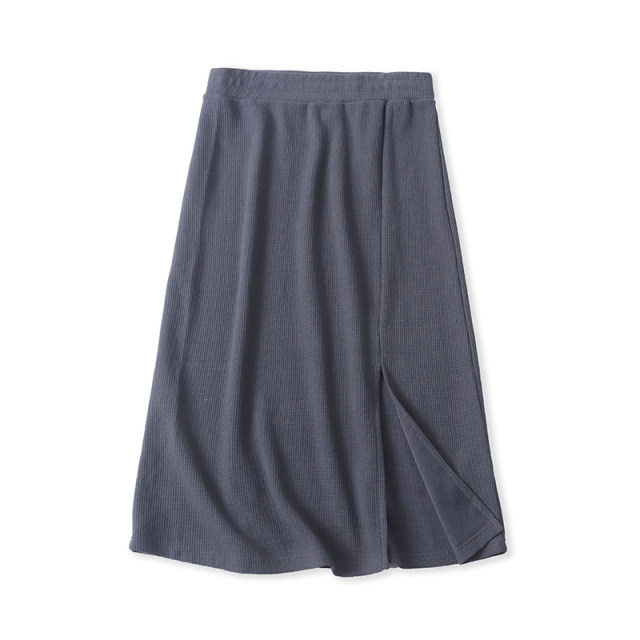 Waffle Cotton Skirt Spring and Autumn New Women's Fashionable and Elastic Waist Pack Hip Slit Mid-Long Skirt 30971