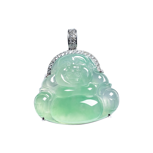 Natural jade a-grade ice species Laokeng sunny green 18K gold Maitreya Buddha jade pendant Burmese female model Buddha pendant