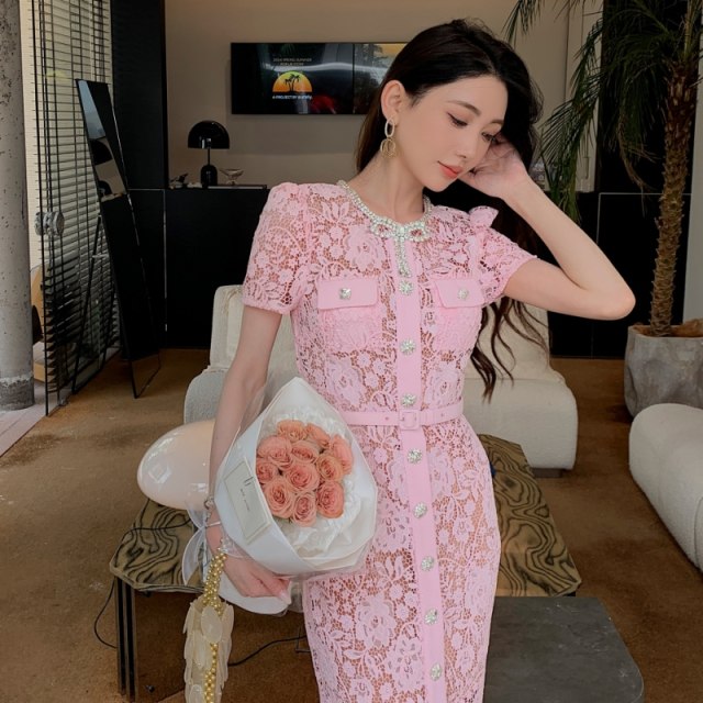 Pink lace luxury bow round neck short -sleeved long skirt high -level sensor -style tempera