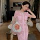 Pink lace luxury bow round neck short -sleeved long skirt high -level sensor -style tempera