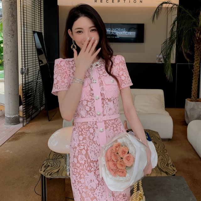 Pink lace luxury bow round neck short -sleeved long skirt high -level sensor -style tempera
