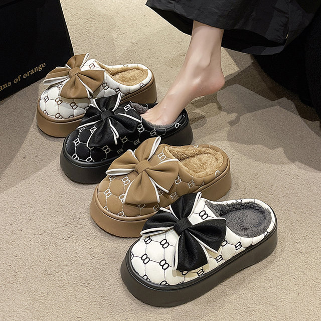 Waterproof cotton slippers Women's autumn and winter indoor and outdoor wearing fashion bow thick bottom non -slip and velvet warm home slippers
