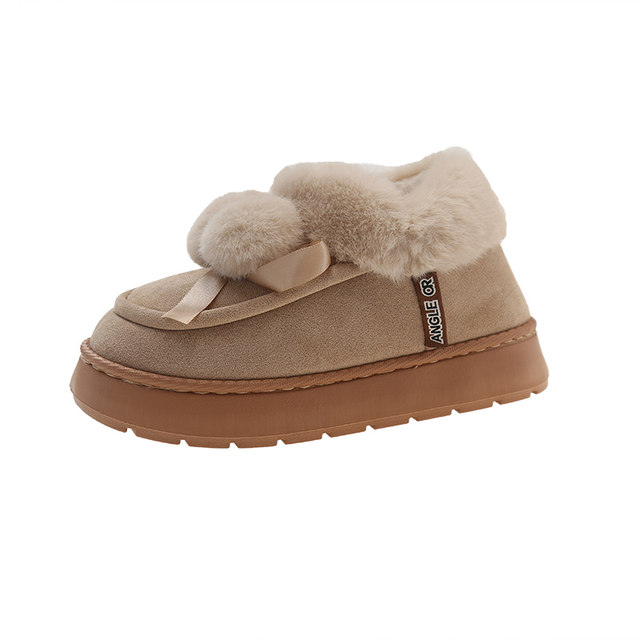 Cotton slippers for women, cute fur balls for outdoor wear in winter, indoor home, thickened plush, warm, non-slip, high-top heel cotton shoes