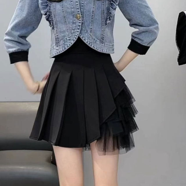 Net yarn stitching pleated skirt women's design sense niche summer high waist is thin black chiffon A -line skirt