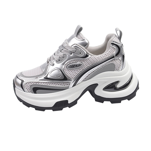 Popular Sponge Cake Thick Sole Daddy Shoes for Women Smaller Trends 2025 Super Hot New Autumn Silver Sports Casual Shoes