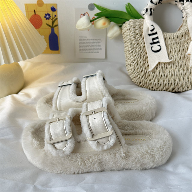 Hot fur shoes for women wearing 2025 new spring and summer cotton shoes for fashionable go out thick-soled plush fluffy cotton slippers
