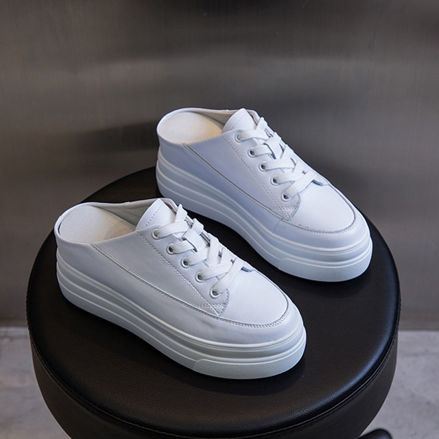 Spring and summer half-slippers for women with toe caps, outer wear, inner heightening, thick-soled sponge cake, 8cm heelless, white shoes, high-heeled sandals