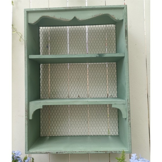 Promotional French retro distressed solid wood wire mesh wall rack storage rack multi-layer flower rack wall cabinet storage rack