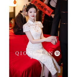 Agar-flag dress Chinese opening dress toasting evening dress white engagement dress lace collar suit