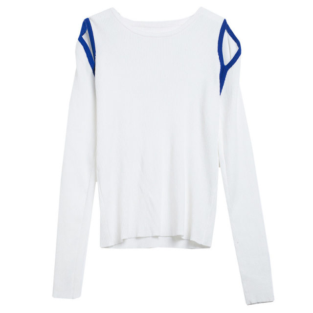 Contrasting off -shoulder hollow sweater European and American autumn new women's top long -sleeved bottoming shirts wearing women's tide