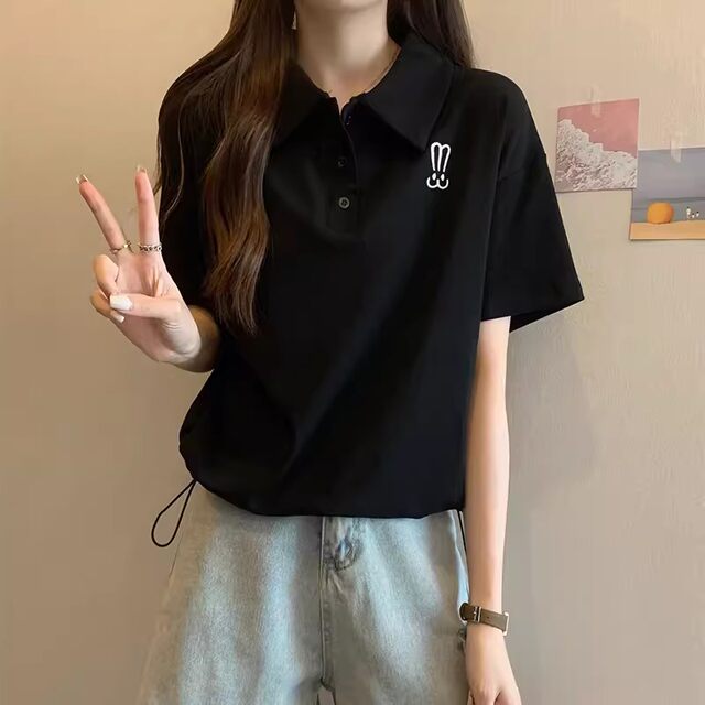 Lapel polo shirt short-sleeved T-shirt for women summer Korean style loose large size women's clothing slimming fat mm versatile student tops