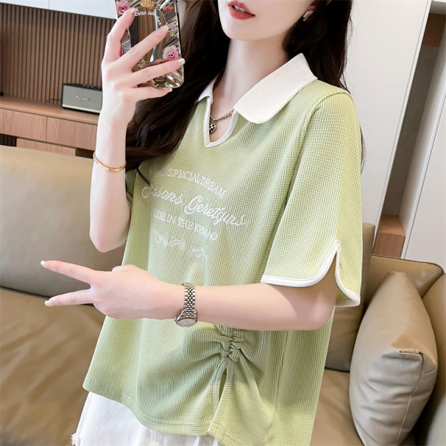 Ringling POLO shirt short -sleeved T -shirt women's summer Korean version loose large size women's contrasting color irregular split shirt
