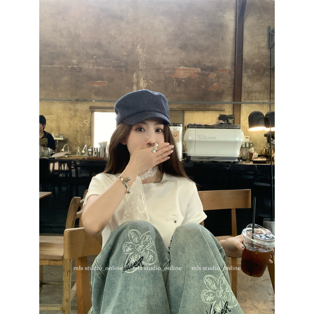 MLS Huadao Chronicle Korean printed wide-leg jeans for women in spring niche design loose floor-length casual pants