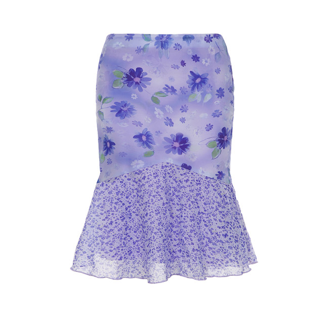 SWEETOWN Purple Flowers #Gentle Sweet Floral Spliced ​​Mid-Long Skirt French Pastoral Vacation Slim Skirt
