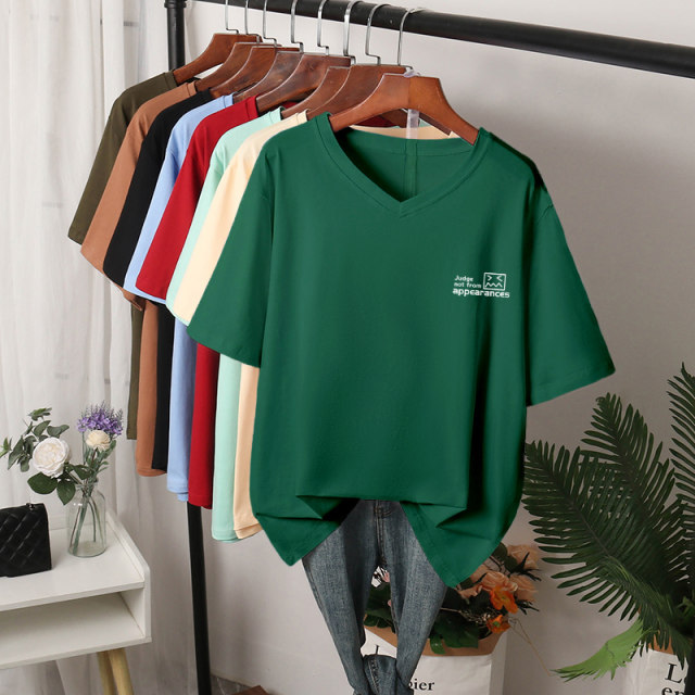Pure cotton front shoulder short-sleeved T-shirt for women 2025 new summer large size loose niche military green couple outfit V-neck top