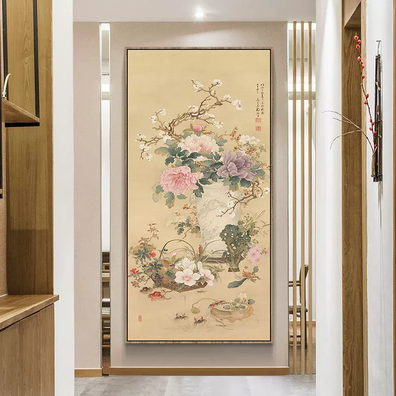 花开富贵新中式玄关装饰画花吉祥如意牡丹大幅竖版走廊