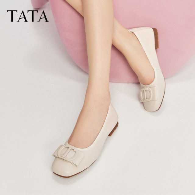 TATA He and Her Women's Shoes 2025 Fine Cream Flat Sole Single Shoes Genuine Leather Casual Shoes Women's Night Shoes Mom's Shoes