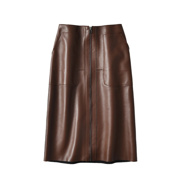 Italian top layer sheepskin skirt front zipper mid-length leather skirt high waist commuter color retro A-line leather skirt