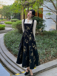 2024 New early spring new Chinese style national wind improved cheongsam black fake two-piece dress women's long skirt