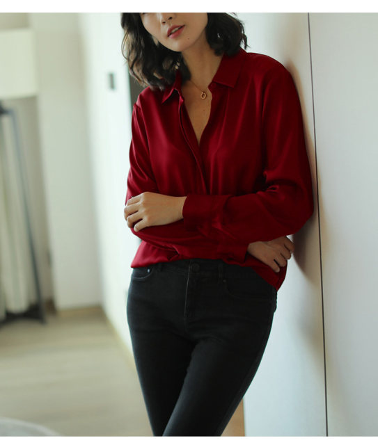 European and American pure pigmented silk satin heavy silk shirt for women long-sleeved loose autumn and winter new base top mulberry silk