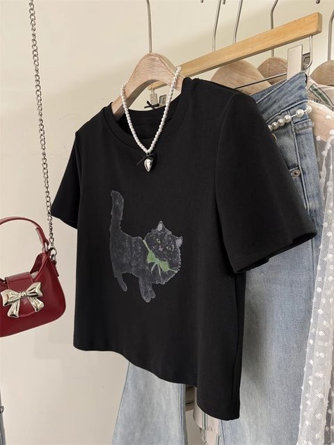 Korean retro cat printed front shoulder short-sleeved T-shirt for women in summer 2024 new loose slim short top trendy