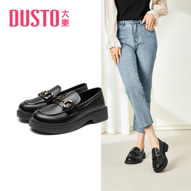 Dadong single shoes women's shoes spring new casual round toe boots horseshoe buckle thick heel small leather shoes lazy shoes 2715