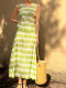 BLUE Y Summer New Pleated Temperature Printed Large Sleeve Mid-length Skirt Green Black and White Commuter