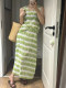 BLUE Y Summer New Pleated Temperature Printed Large Sleeve Mid-length Skirt Green Black and White Commuter