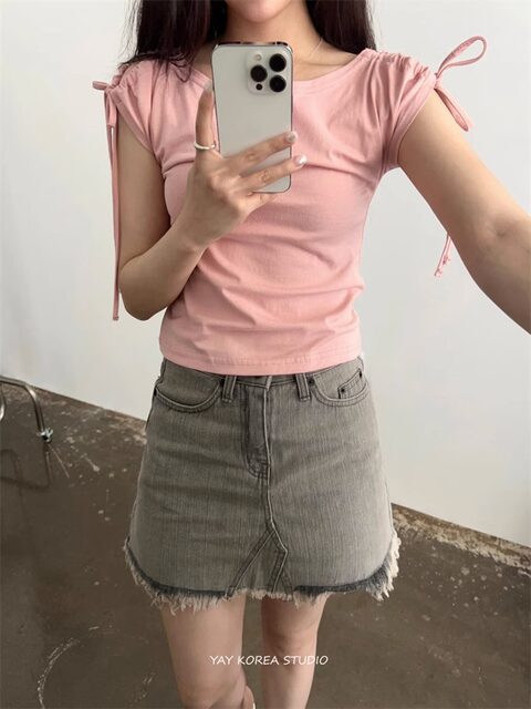 Exclusive type Korean personalized design shoulder hollow strap slim short short sleeve T-shirt