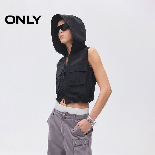 ONLY2025 summer new style practical hooded light solid color hem drawstring large pocket short vest for women