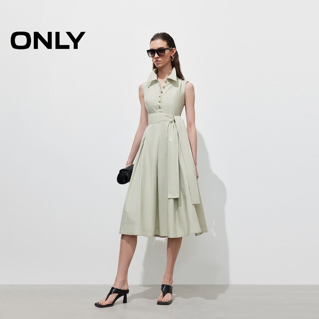 ONLY2025 summer new straps waist-closing and slim fit solid color lapel sleeveless A-line long dress for women
