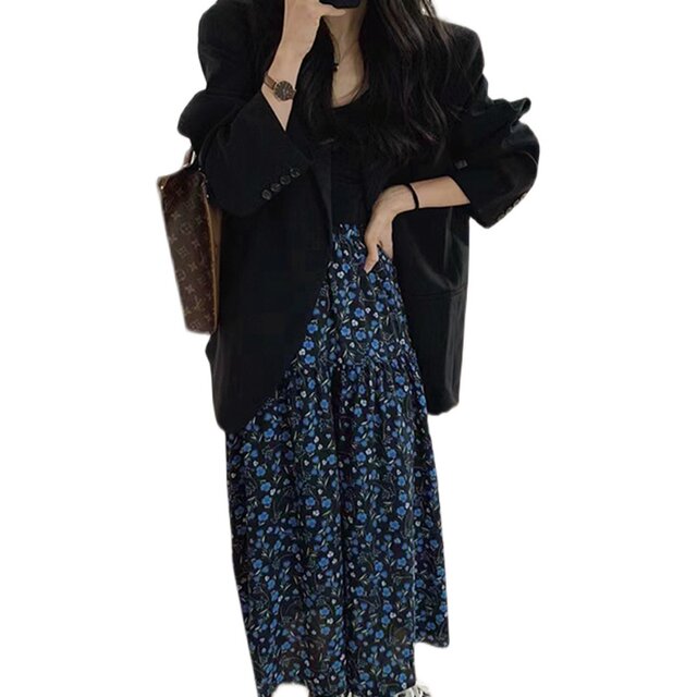 Retro blueberry floral skirt for women in summer mid-length pleated skirt loose and versatile draped chiffon skirt umbrella skirt

