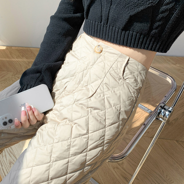 Khaki down pants for women wearing fashionable winter high waist loose slim and thickened nine-point casual wide-leg straight pants