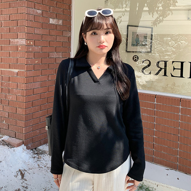 Hot top large size mm fat trendy spring suit POLO collar women's loose belly cover fat girl stretch knit shirt
