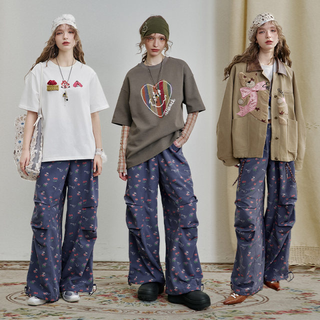Fairy pocket full print casual wide-leg pants for women 2025 spring new loose lazy style paratrooper pants