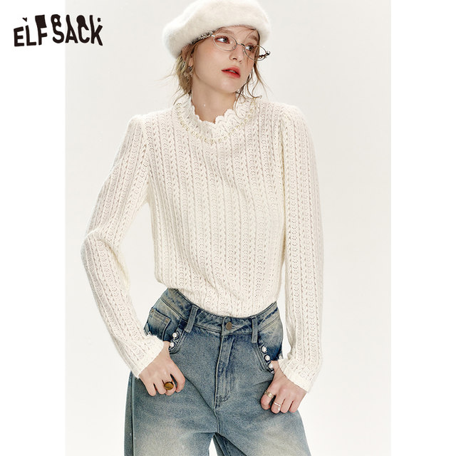 Fairy pocket white half turtleneck lace base shirt for women 2025 spring new pearl pure desire top