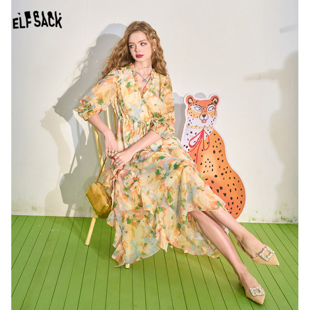 Fairy Pocket French V-neck Waist Floral Dress Women's 2024 Summer New Style