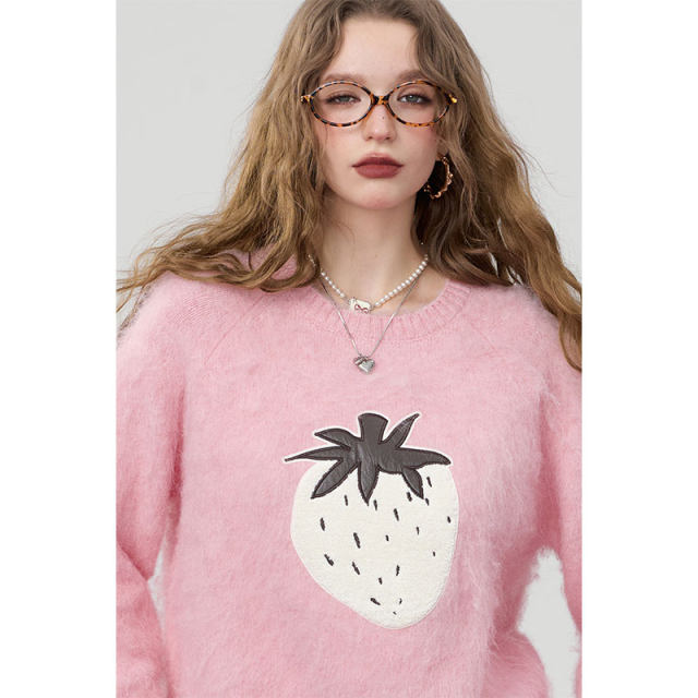 Fairy pocket Lazy style pink plush strawberry sweater 2024 winter new cotton wool top