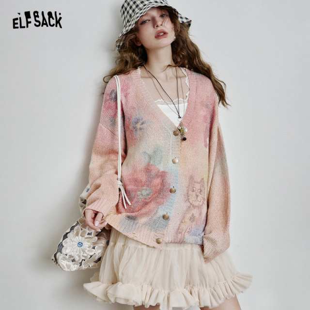 Fairy Pocket Cat Printed V-neck Knit Cardigan Women's 2025 Spring New Style Design Sense Lazy Style Top
