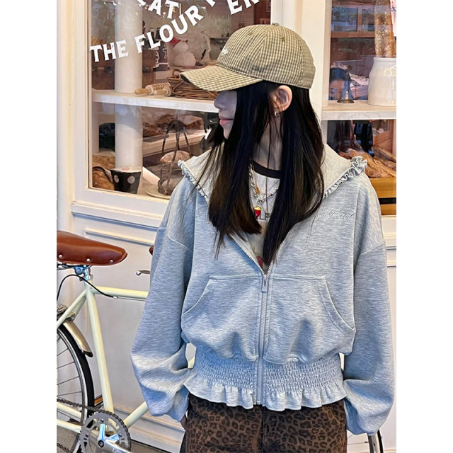 Fairy pocket grey embroidered silver hooded sweatshirt coat for women 2025 early spring outfit new lazy style
