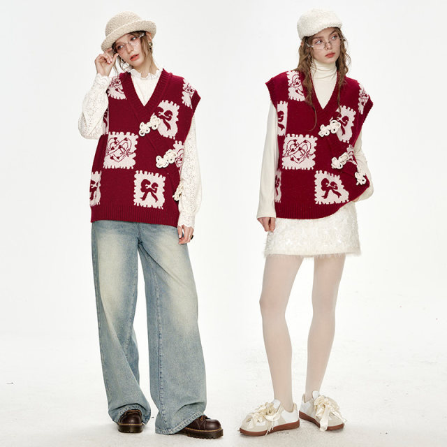 Fairy's pocket new Chinese red knitted vest vest for women 2025 spring new layered design top