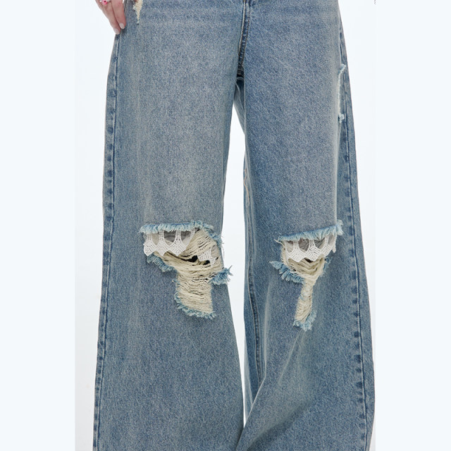 Fairy's pocket ripped loose jeans for women 2025 spring new slim and fashionable wide-leg pants scimitar pants