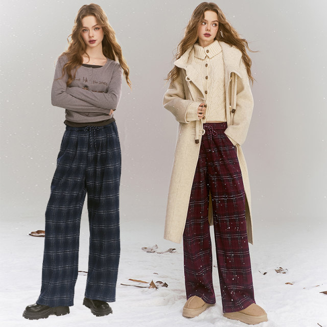 Fairy's Pocket Retro Plaid Straight Velvet Pants Women's 2024 Winter New Loose Drawstring Wide Leg Pants