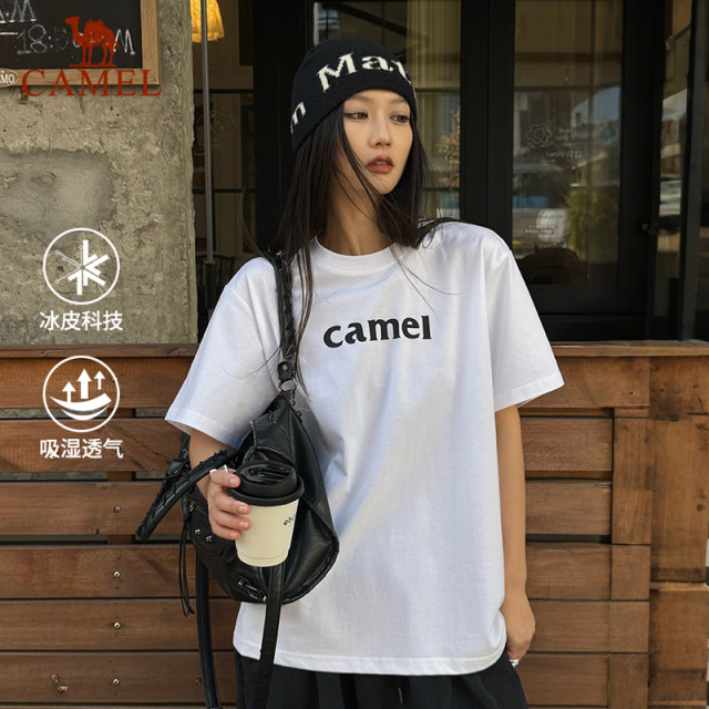 Camel summer T-shirt women's pure cotton short-sleeved 2025 spring and summer new couple loose retro sports casual tops for men
