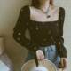 Large size women's fat mm spring and summer French retro black square collar fruit printed shirt top short chiffon shirt
